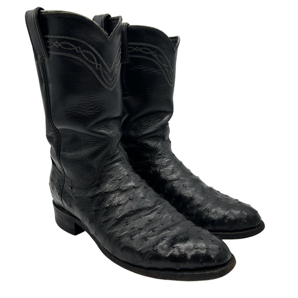 Justin Boots Mens Size 8D 3171 Black Ostrich Leather Western Cowboy Boots